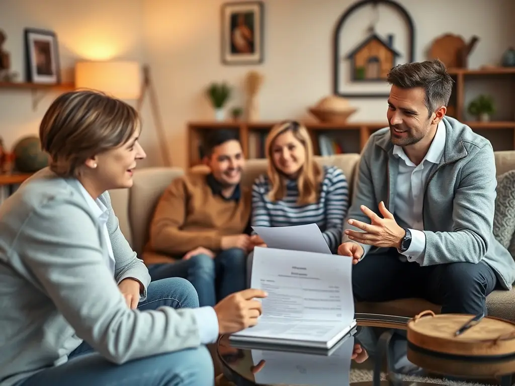 A financial advisor at Darcy's Interiors explaining mortgage options to a client, emphasizing personalized advice and tailored solutions.
