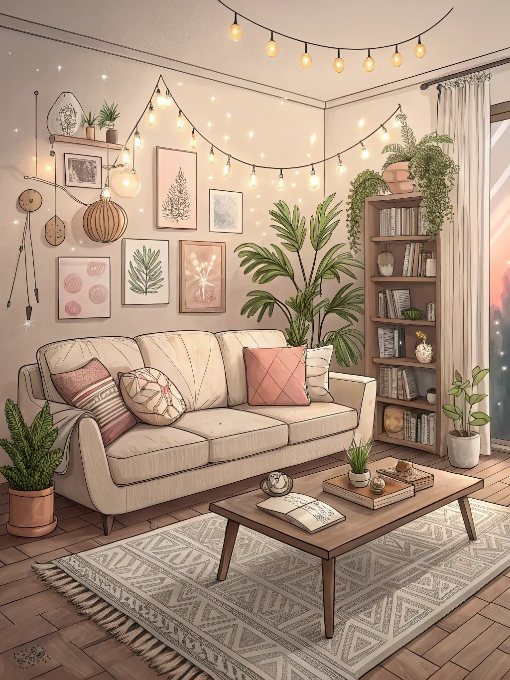 A brightly lit living room featuring a modern fireplace, plush velvet sofa, and a gallery wall with abstract art, showcasing a blend of comfort and contemporary design.