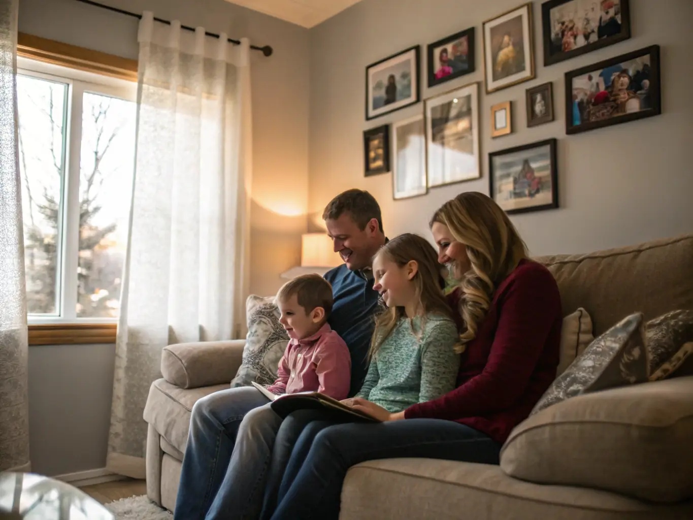A cozy living room with a family gathered, reviewing mortgage documents with a Darcy's Interiors advisor, showcasing a supportive and informative environment.