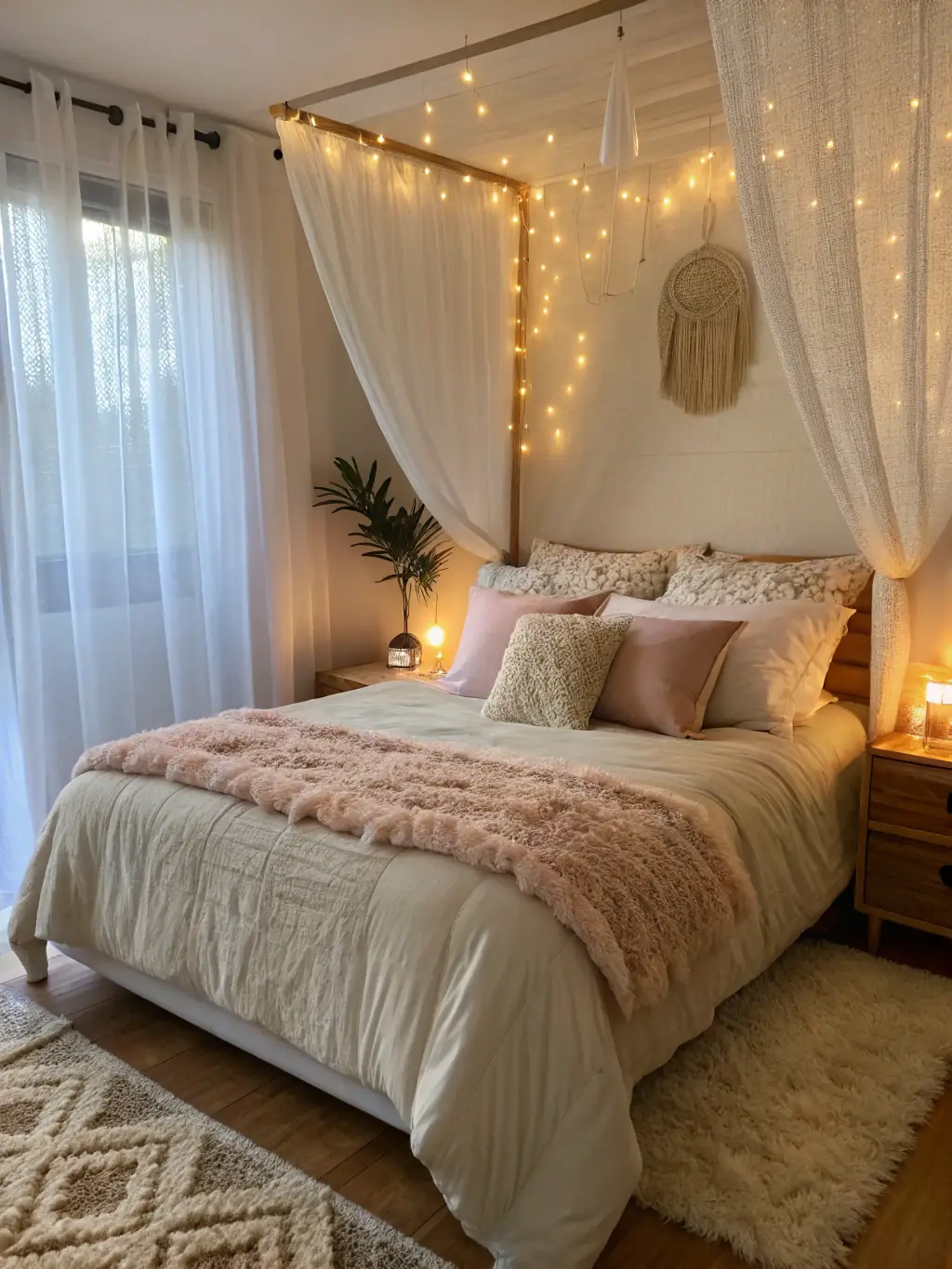 A cozy, bohemian-style bedroom with colorful textiles, layered rugs, macrame wall hangings, and plenty of cushions and throw pillows.