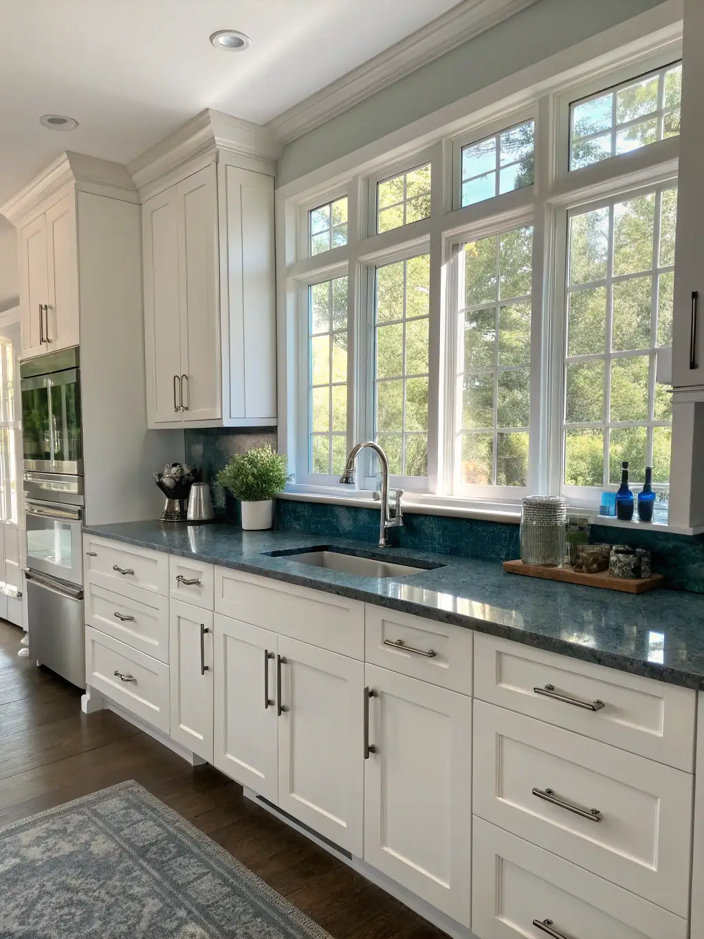 A vibrant kitchen with colorful cabinetry, stainless steel appliances, and a stylish backsplash, demonstrating a functional and aesthetically pleasing design.
