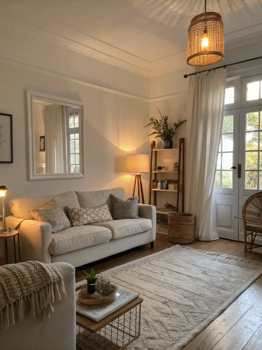 A brightly lit, minimalist living room with Scandinavian-style furniture, featuring light wood tones, neutral colors, and a few carefully selected plants.