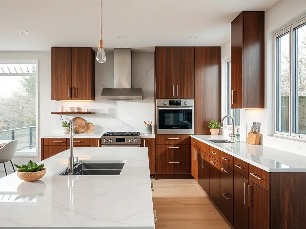 A modern kitchen design, highlighting the potential of a renovated home financed through a remortgage, emphasizing the benefits of investing in your property.