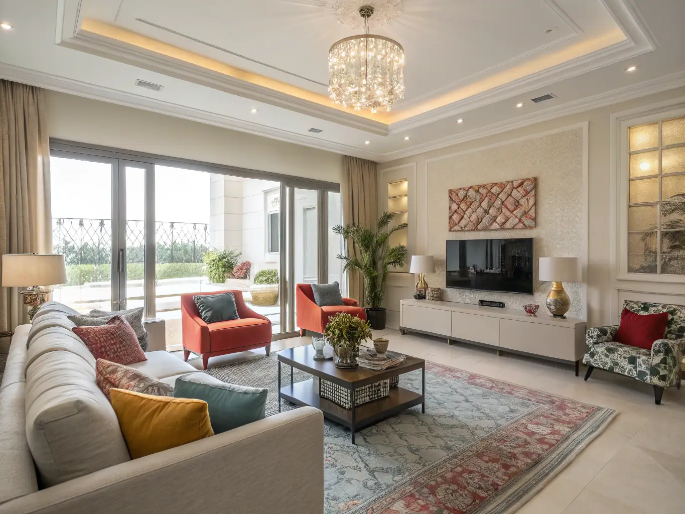 A brightly lit, modern living room showcasing Darcy's Interiors' design expertise, with a family enjoying the space.