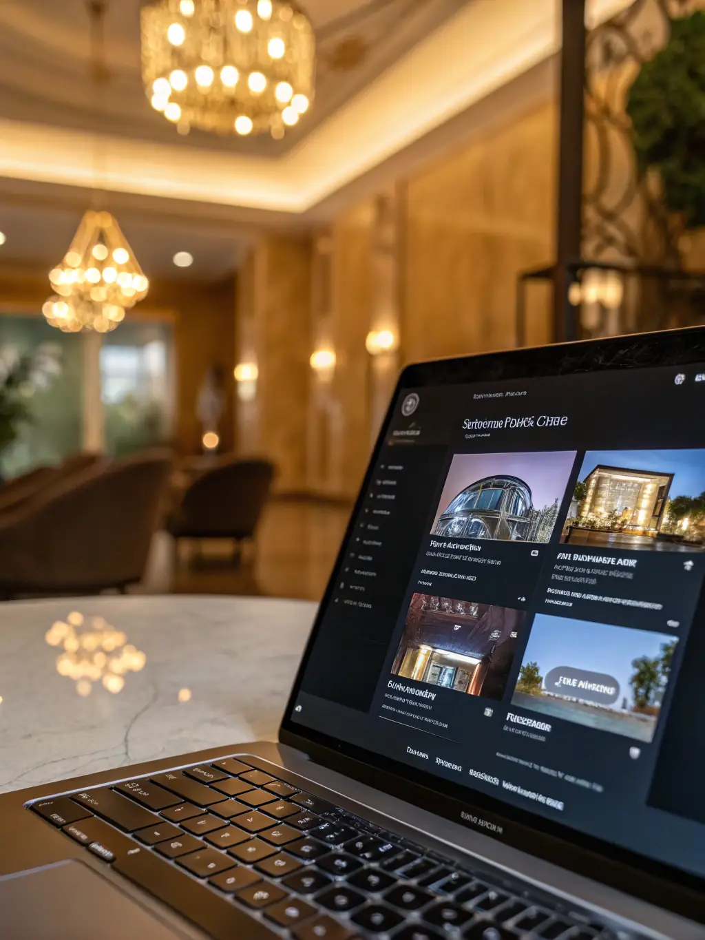 A modern, minimalist interface of a property search tool on a laptop screen, showcasing filters for location, price range, and property type, in the context of Darcy's Interiors website.