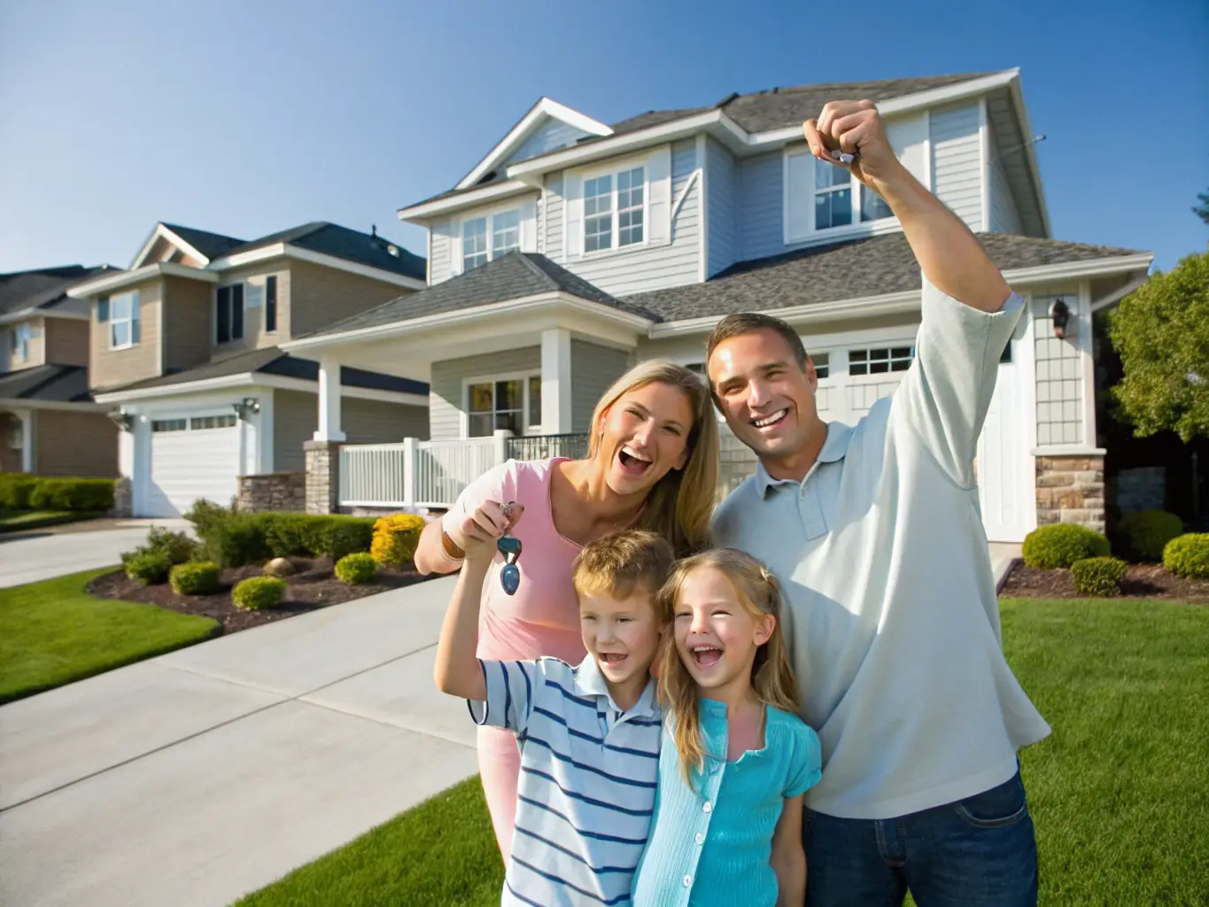 A photograph of a family happily receiving keys to their new modern home, symbolizing the start of their homeownership journey.